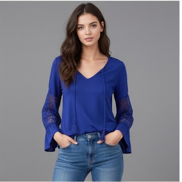 Blue Contrast Lace Flounce Sleeve Tie Neck Blouse - Picture 2 of 5